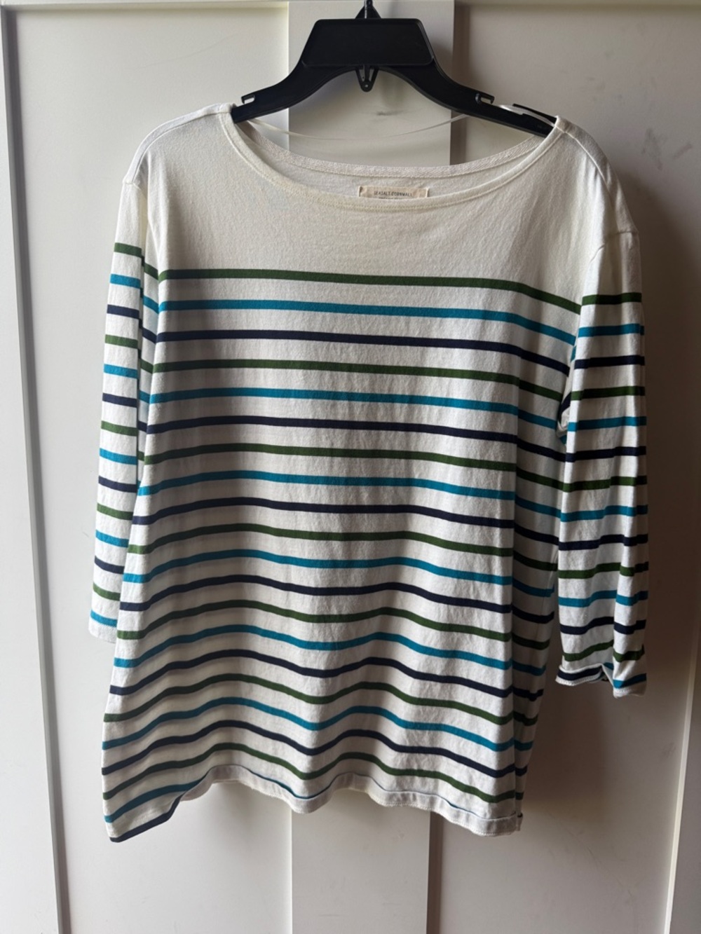 Women's White Long Sleeve top with Blue & Green Stripe